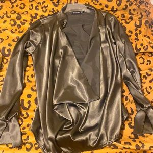 Khaki Extreme Cowl Longline Satin Shirt